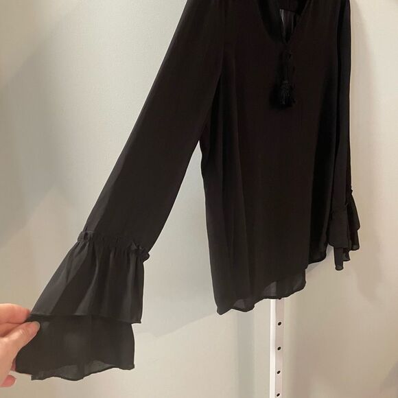 Tacera Black Blouse with Ruffled Bell Sleeves - Picture 2 of 5